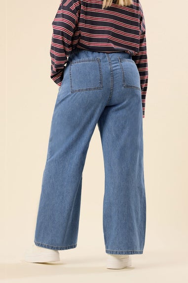 Yours Curve Mid Blue Seam Front Wide Leg Jeans