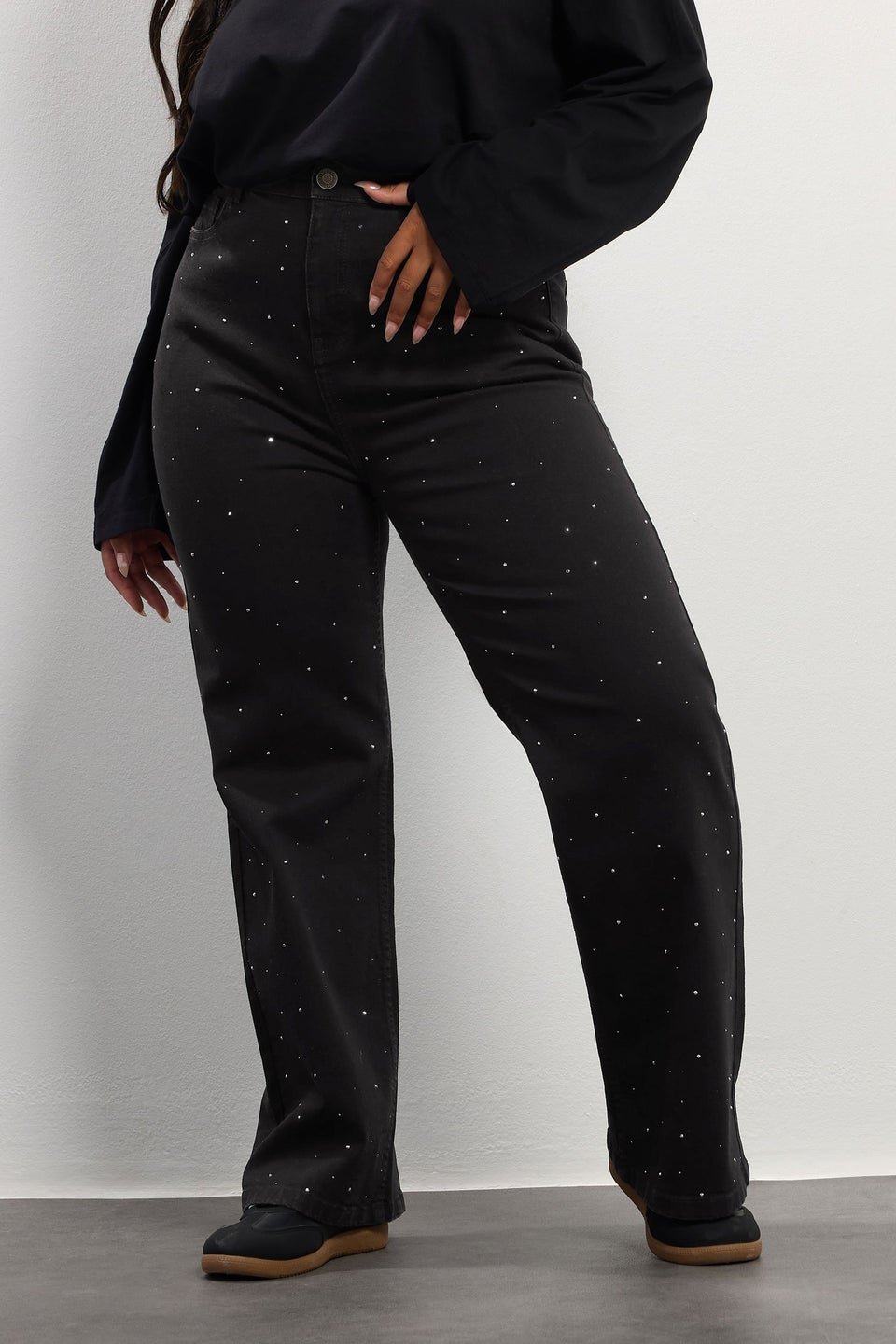 Yours Curve Black Studded Wide Leg Jeans