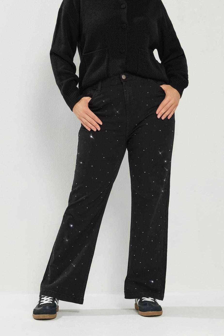 Yours Curve Black Studded Wide Leg Jeans