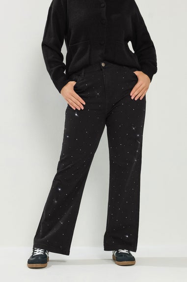 Yours Curve Black Studded Wide Leg Jeans