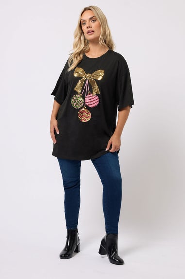 Yours Curve Black Sequin Embellished Christmas Bauble Novelty T-Shirt
