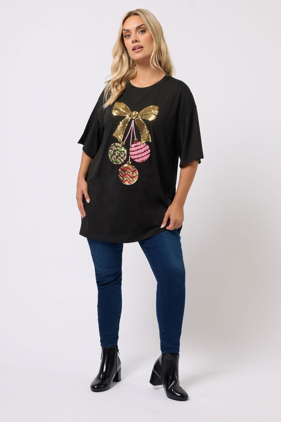 Yours Curve Black Sequin Embellished Christmas Bauble Novelty T-Shirt
