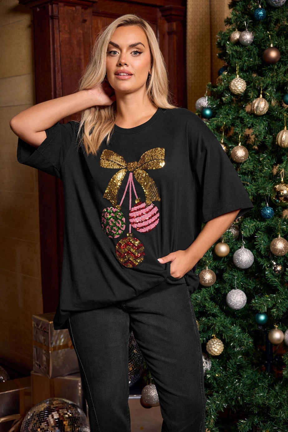 Yours Curve Black Sequin Embellished Christmas Bauble Novelty T-Shirt