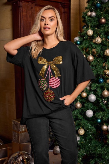 Yours Curve Black Sequin Embellished Christmas Bauble Novelty T-Shirt