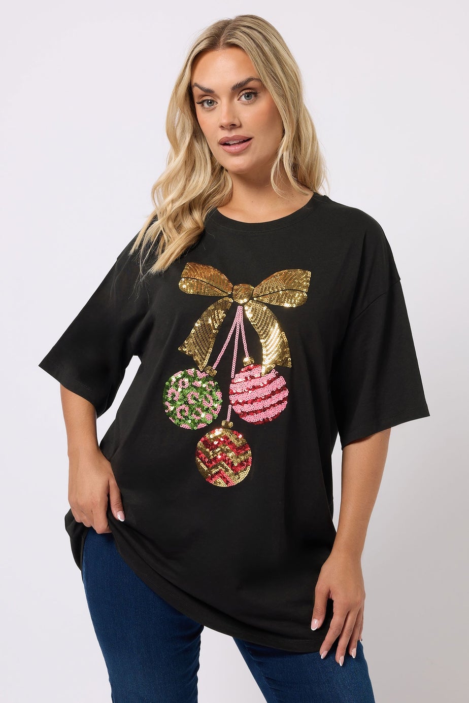Yours Curve Black Sequin Embellished Christmas Bauble Novelty T-Shirt