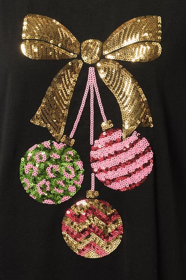Yours Curve Black Sequin Embellished Christmas Bauble Novelty T-Shirt