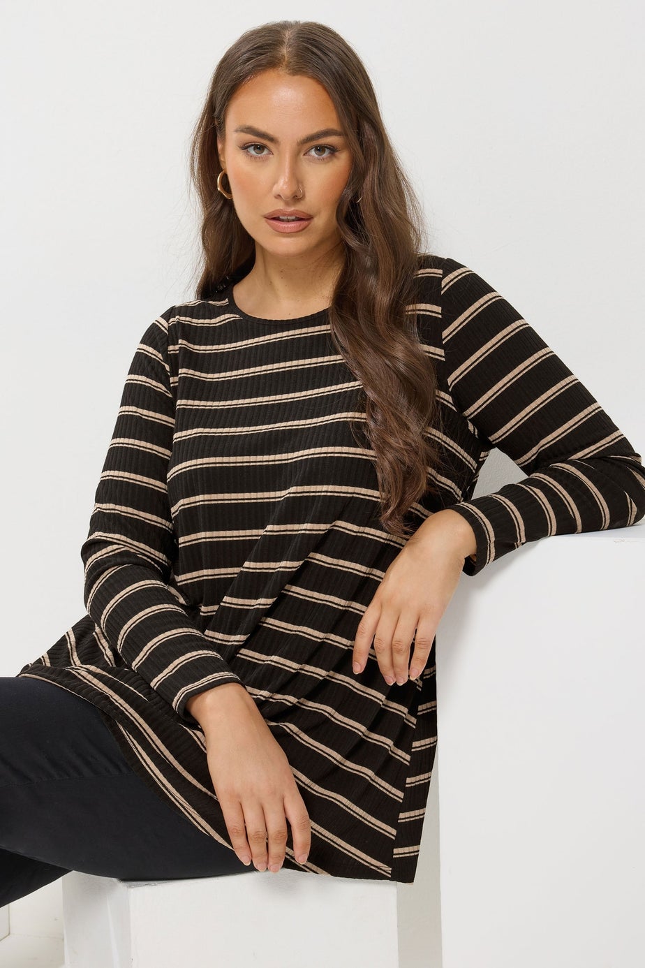Yours Curve Black Stripe Ribbed Swing Top