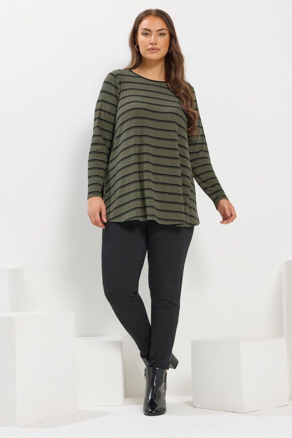 Yours Curve Khaki Green Stripe Ribbed Swing Top