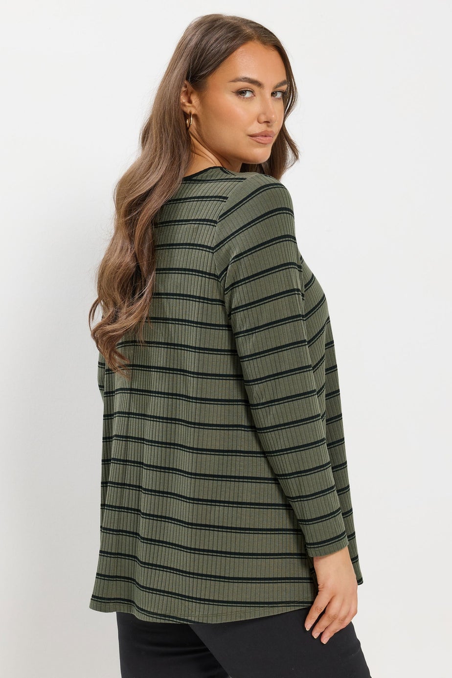 Yours Curve Khaki Green Stripe Ribbed Swing Top