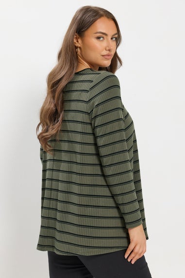 Yours Curve Khaki Green Stripe Ribbed Swing Top