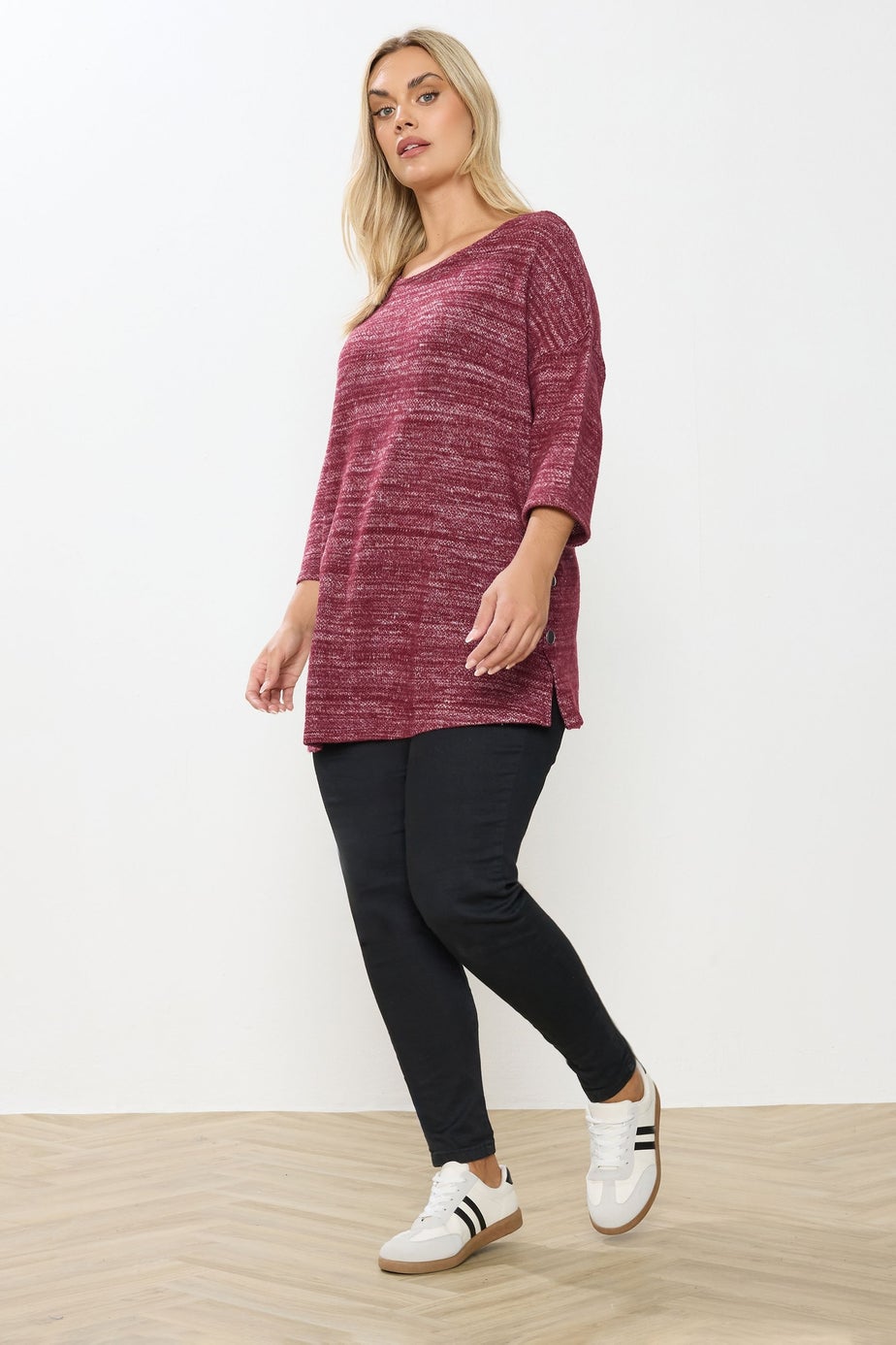Yours Curve Burgundy Red Knitted Side Button Top