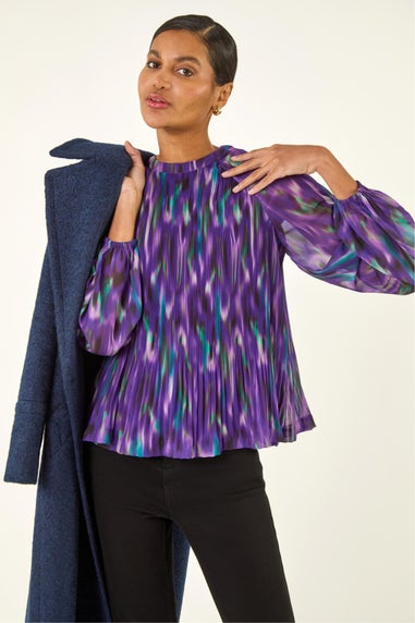 Roman Purple Abstract Print Pleated Top