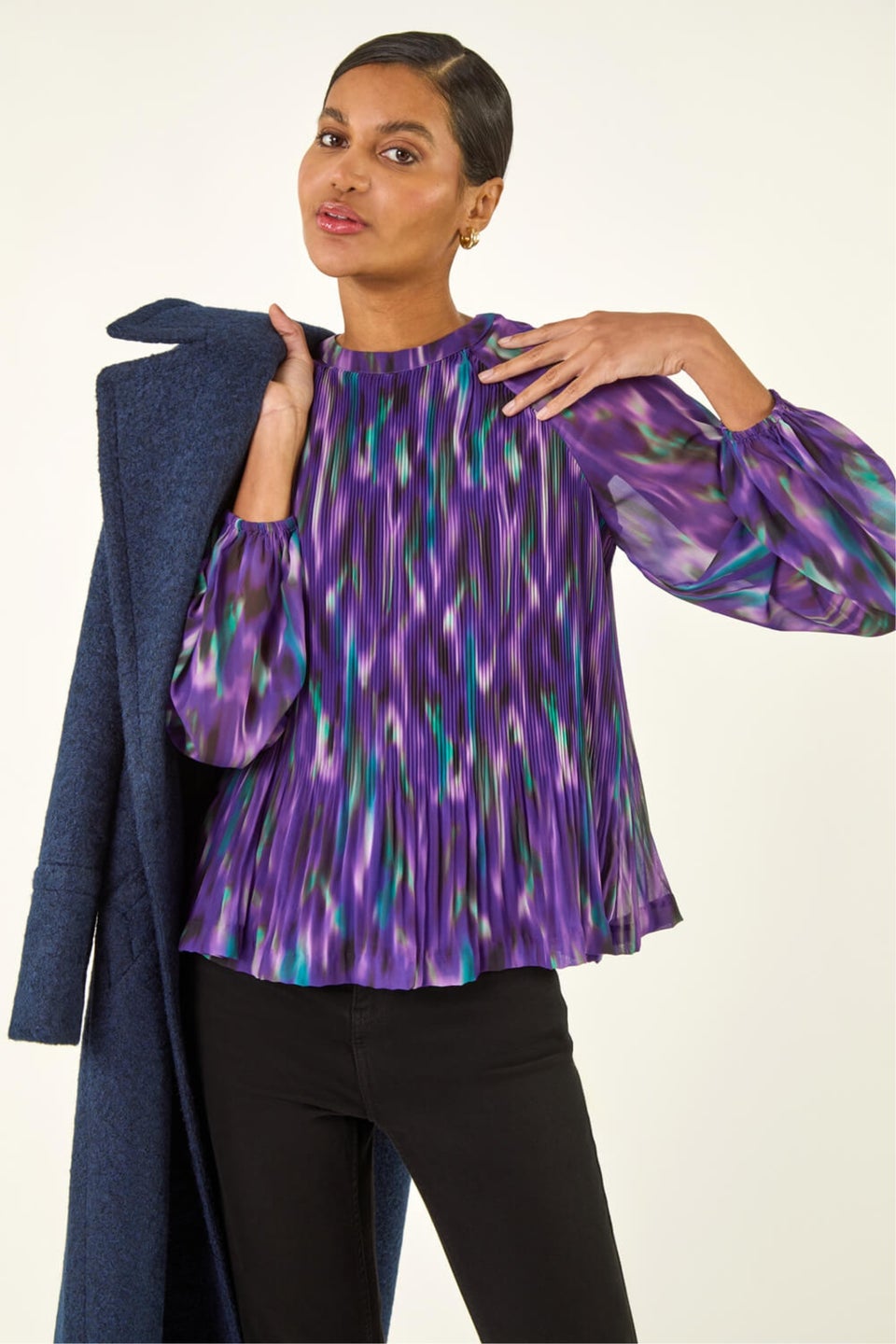 Roman Purple Abstract Print Pleated Top