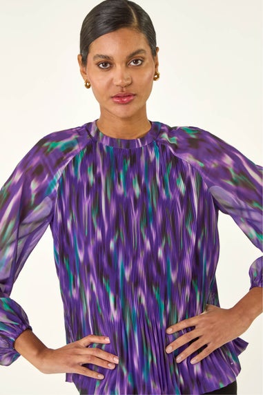 Roman Purple Abstract Print Pleated Top