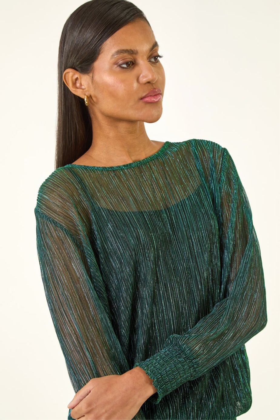 Roman Forest Plisse Shimmer Shirred Hem Top