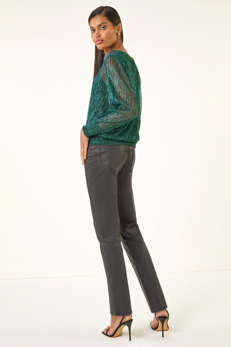 Roman Forest Plisse Shimmer Shirred Hem Top