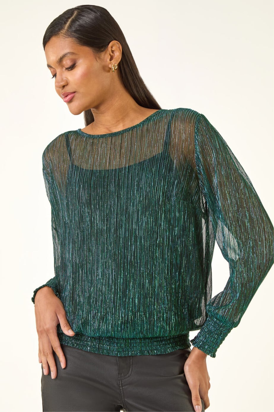 Roman Forest Plisse Shimmer Shirred Hem Top