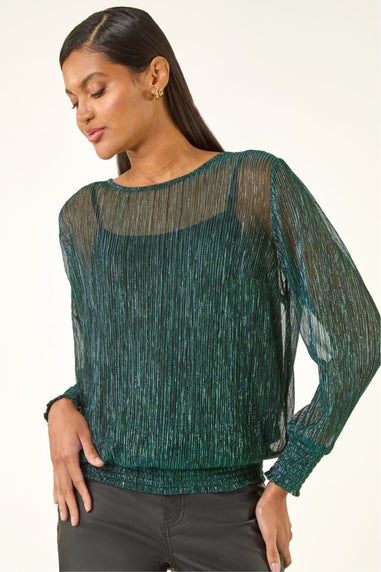 Roman Forest Plisse Shimmer Shirred Hem Top