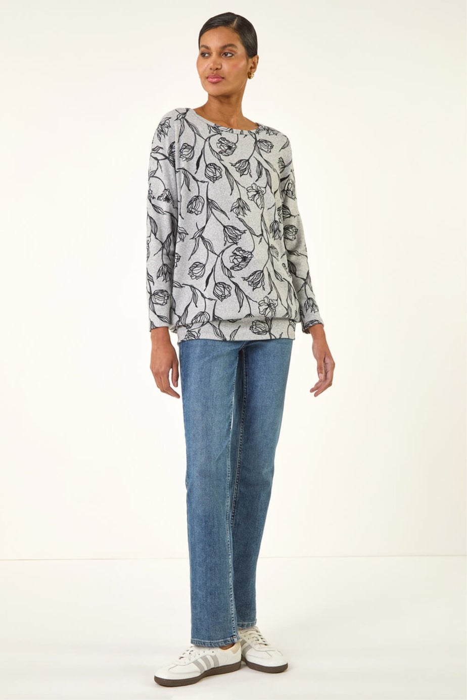 Roman Grey Floral Print Bubble Hem Stretch Top