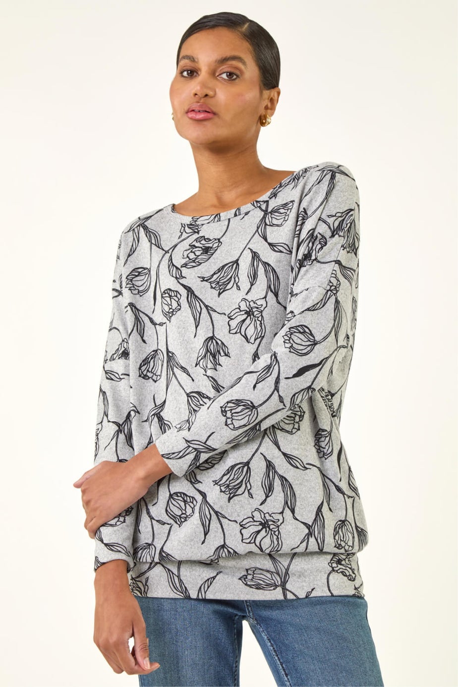 Roman Grey Floral Print Bubble Hem Stretch Top