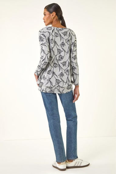 Roman Grey Floral Print Bubble Hem Stretch Top
