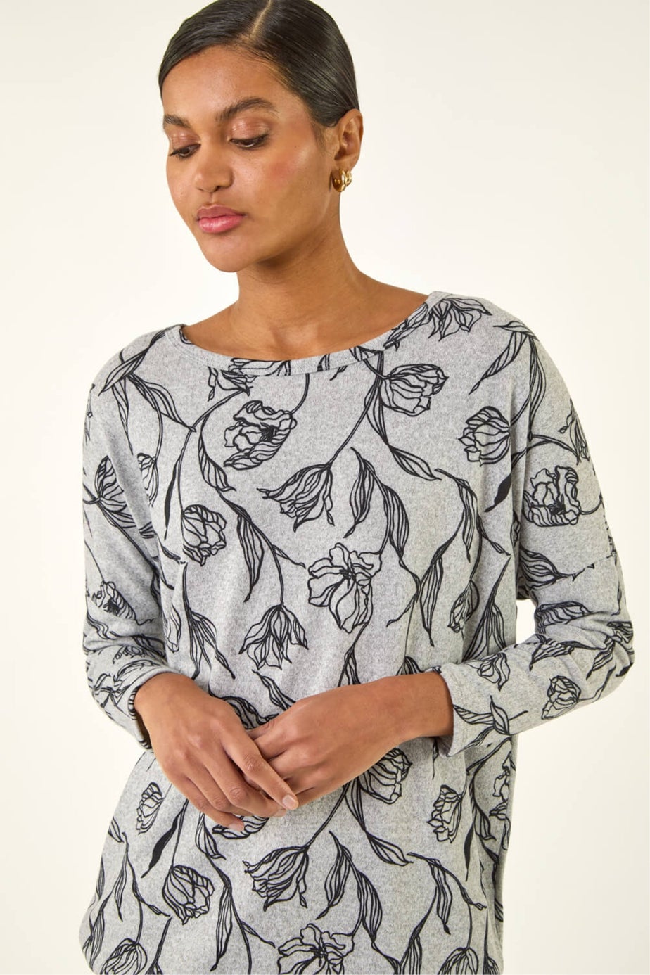 Roman Grey Floral Print Bubble Hem Stretch Top