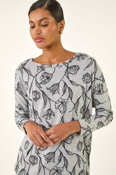 Roman Grey Floral Print Bubble Hem Stretch Top