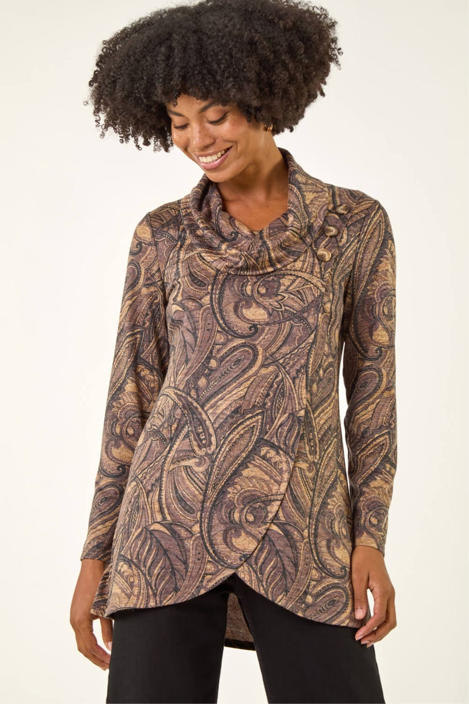 Roman Taupe Paisley Print Cowl Neck Stretch Top