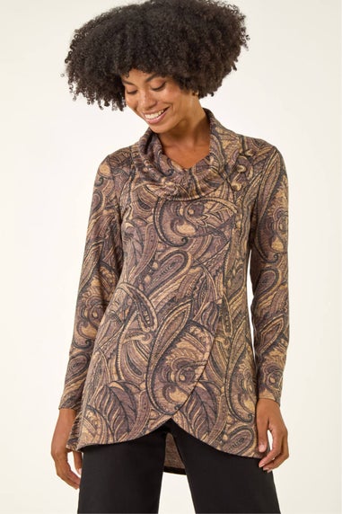 Roman Taupe Paisley Print Cowl Neck Stretch Top