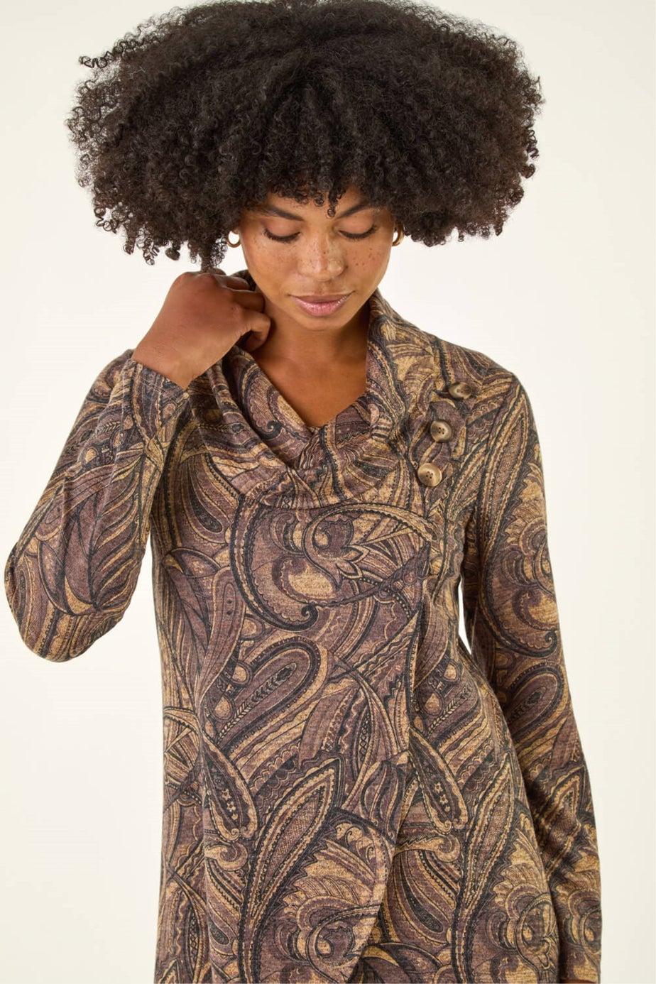 Roman Taupe Paisley Print Cowl Neck Stretch Top