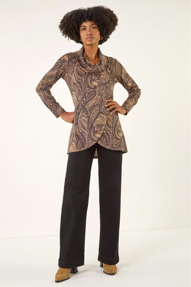 Roman Taupe Paisley Print Cowl Neck Stretch Top