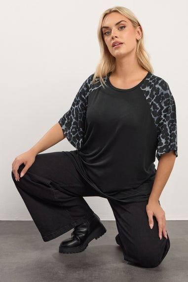 Yours Curve Black Animal Detail Sleeve T-Shirt