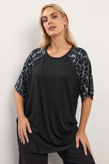Yours Curve Black Animal Detail Sleeve T-Shirt