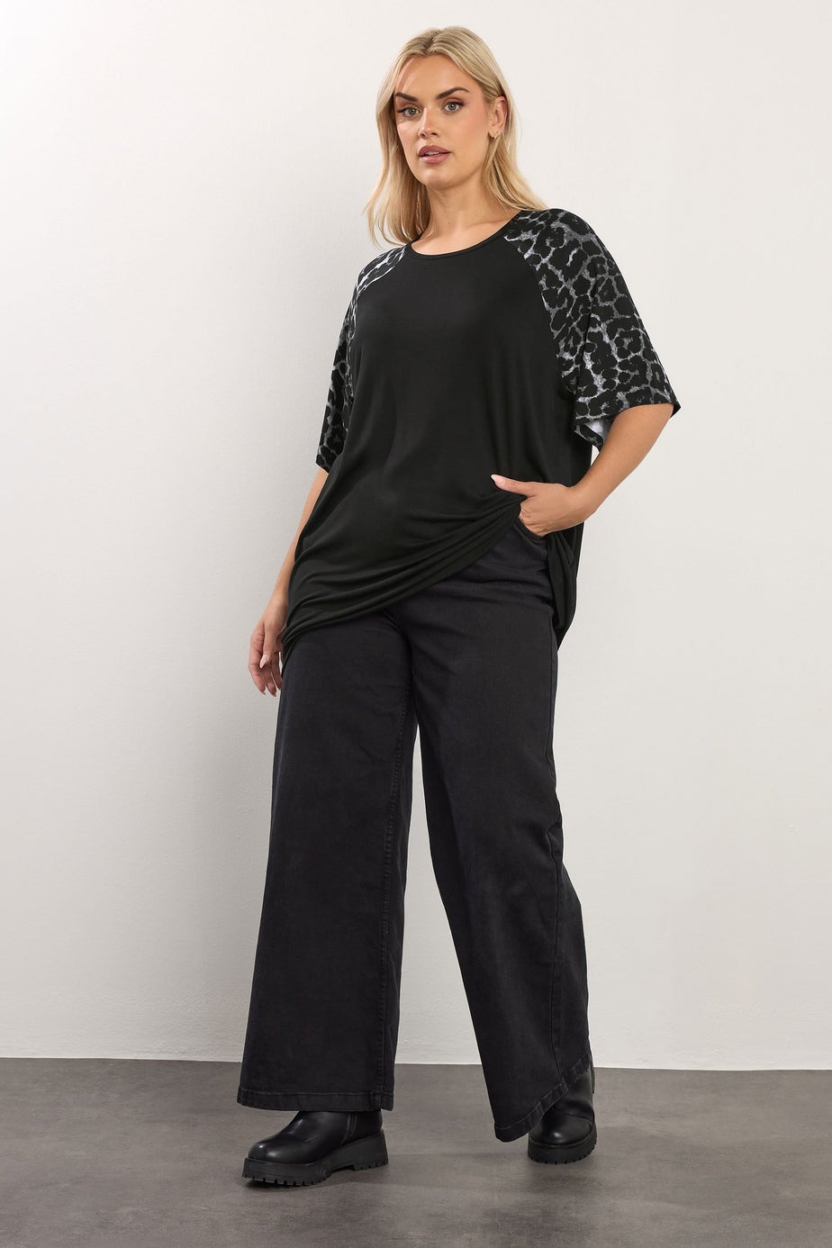 Yours Curve Black Animal Detail Sleeve T-Shirt