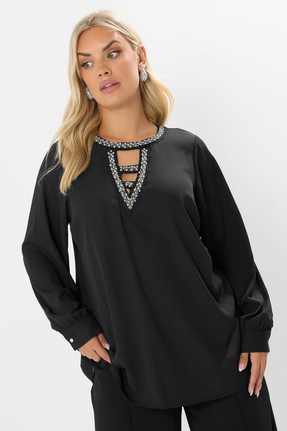 Yours Curve Black Diamante Keyhole Blouse