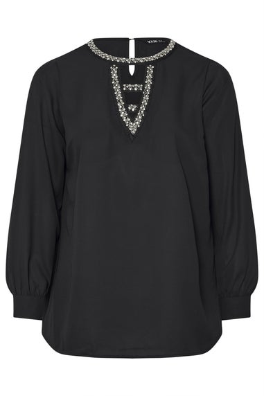 Yours Curve Black Diamante Keyhole Blouse