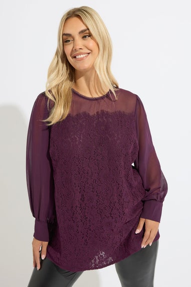 Yours Curve Burgundy Red Lace Panel Blouse