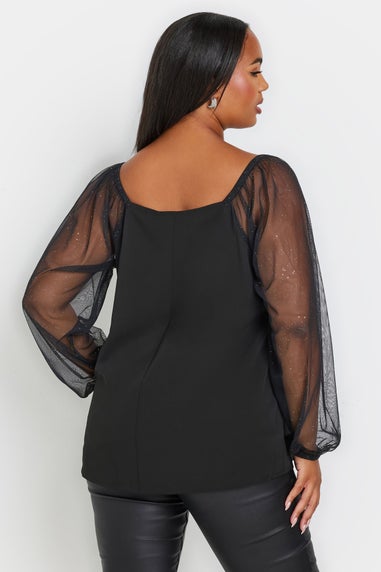 Yours Curve Black Mesh Glitter Sleeve Top