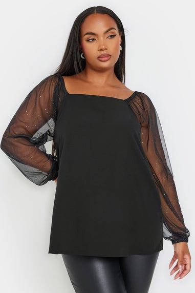 Yours Curve Black Mesh Glitter Sleeve Top