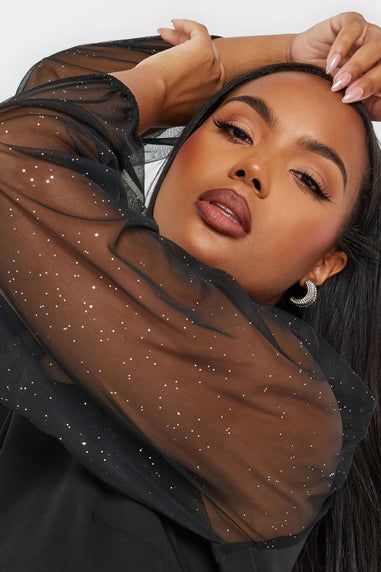 Yours Curve Black Mesh Glitter Sleeve Top