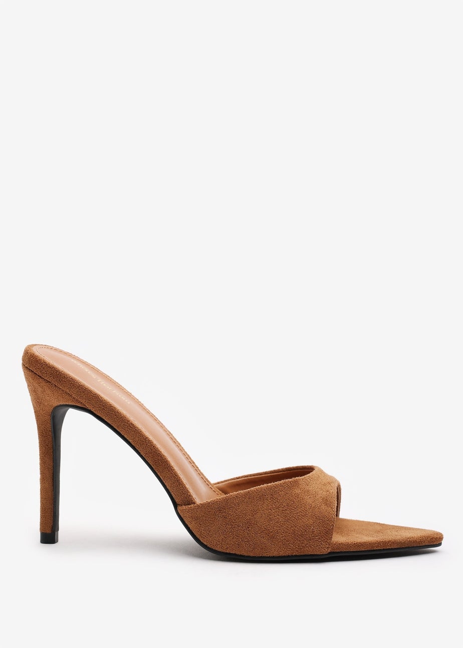 Where's That From Indira Cognac Suede Peep Toe Stiletto Mules