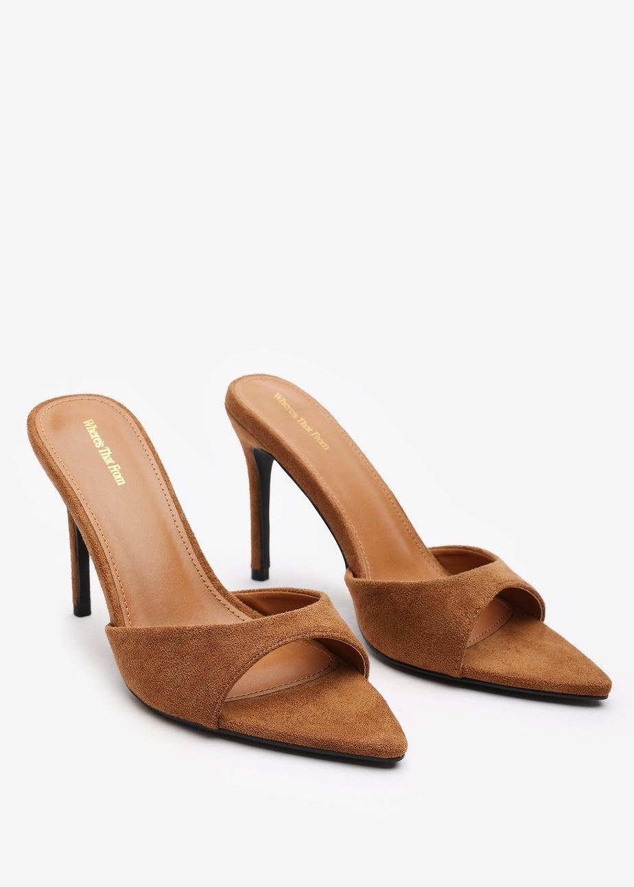 Where's That From Indira Cognac Suede Peep Toe Stiletto Mules
