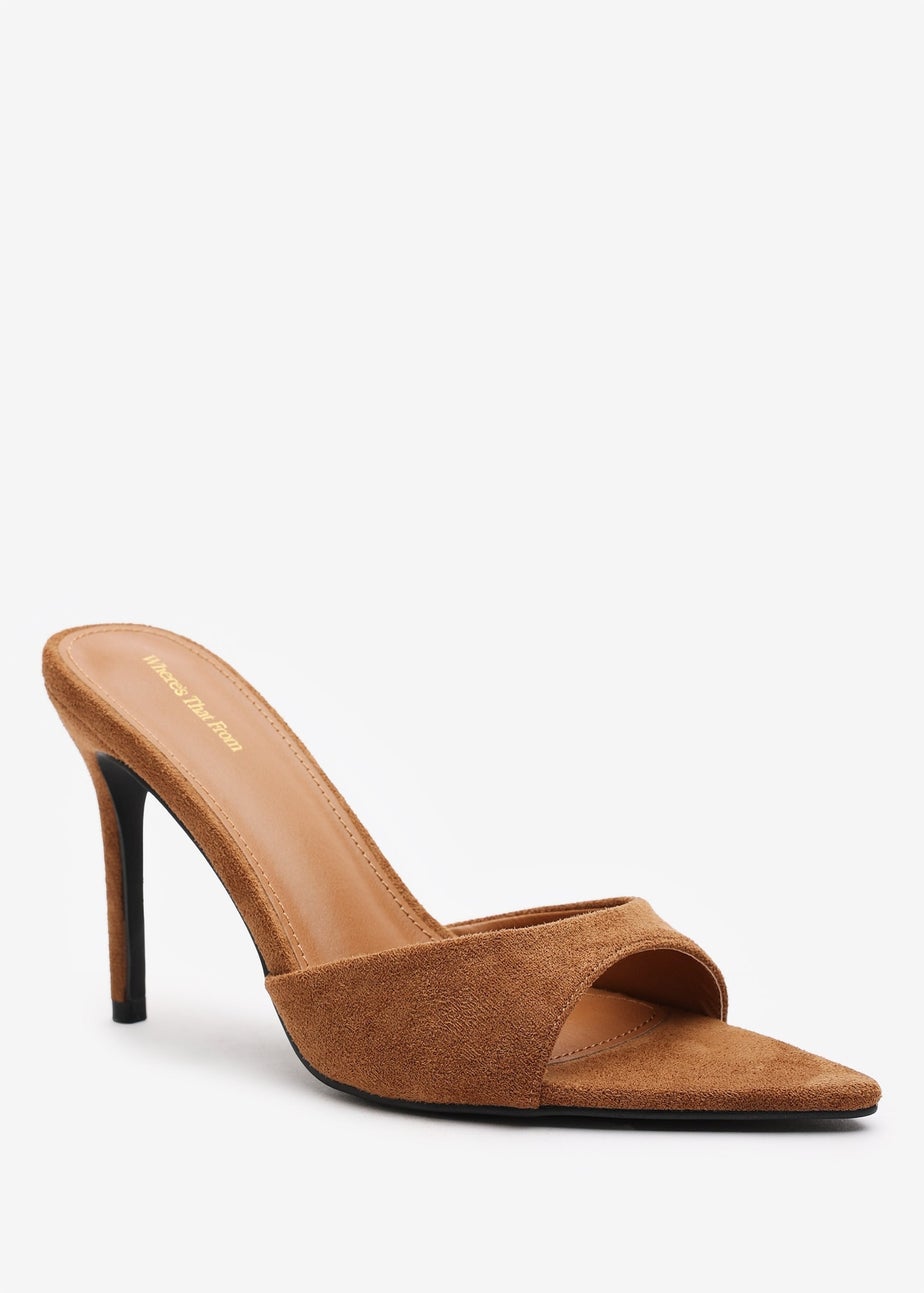Where's That From Indira Cognac Suede Peep Toe Stiletto Mules