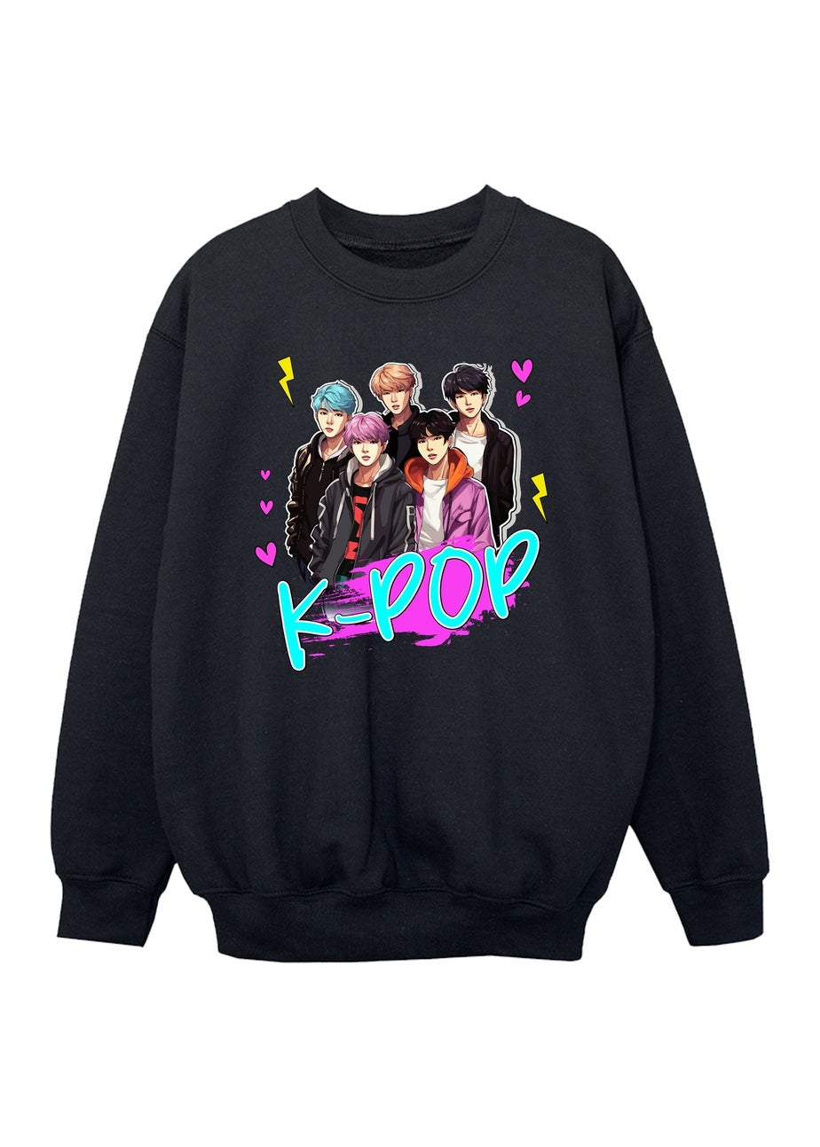 Brands In K-Pop Boy Band Girls Black Graphic Sweatshirt (3-13 Years)