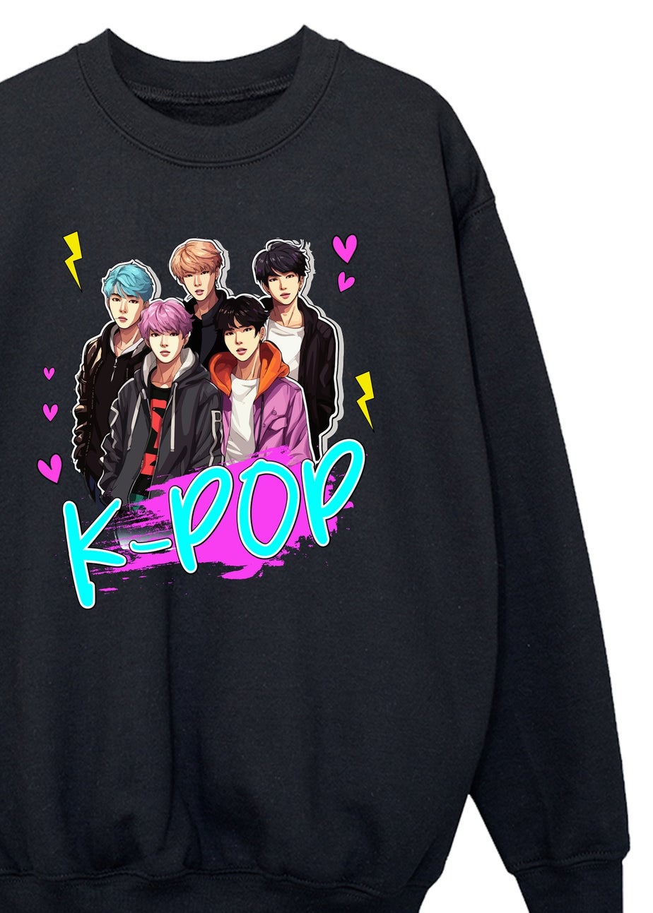 Brands In K-Pop Boy Band Girls Black Graphic Sweatshirt (3-13 Years)