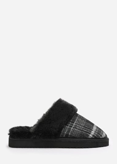 Wheres That From Inaya Black Plaid Faux Fur Mule Slippers