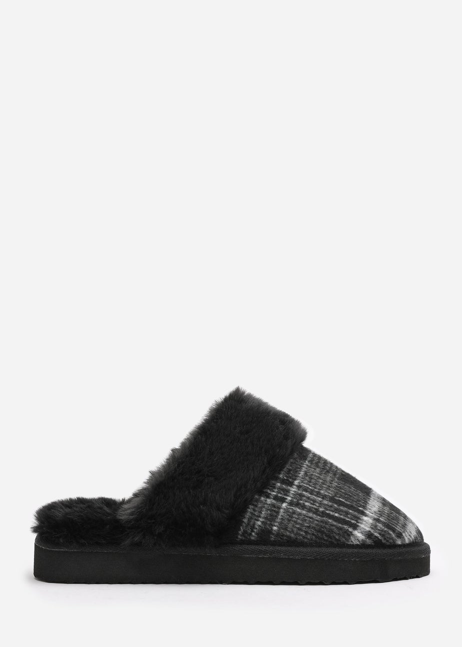 Wheres That From Inaya Black Plaid Faux Fur Mule Slippers