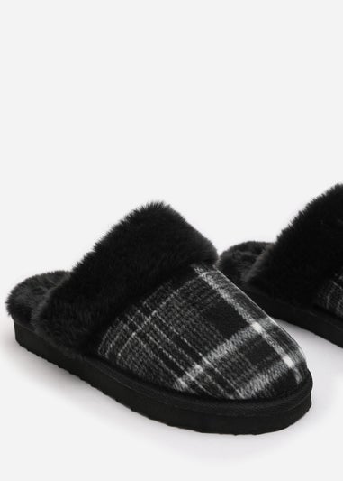 Wheres That From Inaya Black Plaid Faux Fur Mule Slippers