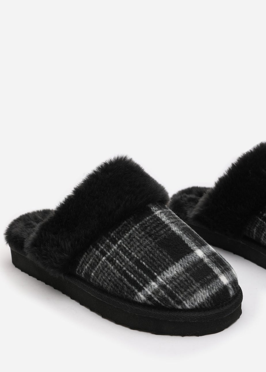 Wheres That From Inaya Black Plaid Faux Fur Mule Slippers
