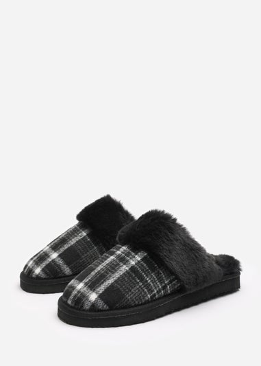 Wheres That From Inaya Black Plaid Faux Fur Mule Slippers